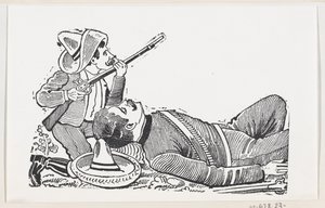 一个革命者拿着步枪，跪着保护一个倒下的革命者，约1880-1910年，约。 作者 何塞·瓜达卢佩·波萨达