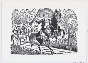 一个在马背上拿着步枪的革命士兵Heraclio Bernal, 约1880-1910., 约1880-1910. 作者 何塞·瓜达卢佩·波萨达