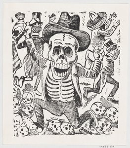 一个骷髅抱着骨头，在一堆头骨上跳跃，而人们在逃亡，大约在1907年。 作者 何塞·瓜达卢佩·波萨达