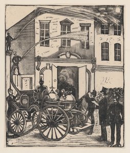 Firefighters putting out a fire in a house, firetruck in foreground, ca. 1880-1910., ca. 1880-1910. 作者 何塞·瓜达卢佩·波萨达