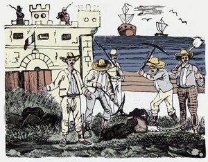 墨西哥革命（1910-1920）：强迫工作的囚犯群体 - Jose Guadalupe Posada（1852-1913）的木版画 作者 何塞·瓜达卢佩·波萨达