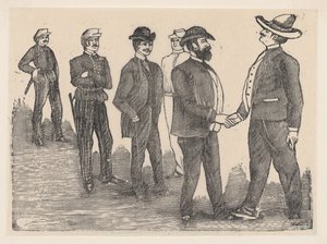 两个人在前台握手，军官在后台看着他们......，约1880-1910年。 作者 何塞·瓜达卢佩·波萨达