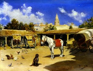 穆尔西亚的一个院子，有大教堂的塔楼（油画板）。 作者 何塞·马林·巴尔多