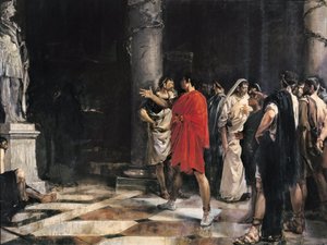 儒勒-凯撒（凯厄斯-尤利乌斯-凯撒）（公元前 101-44 年）站在加的斯大力神庙（加迪尔）亚历山大大帝雕像前（布面油画） 作者 何塞·莫里洛·费拉达