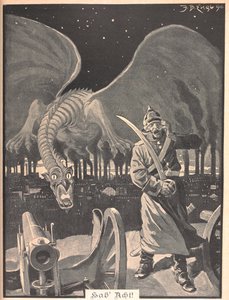 为诗《如夜》作画。 在一名德国士兵身后，一条被工厂冒出的烟雾所化成的龙。 超现实的场景。 作者 约瑟夫·本尼迪克特英语