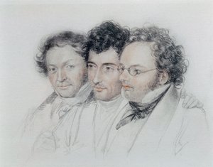 从左至右，作曲家约翰-巴普蒂斯特-延格尔（1793-1856）、安塞姆-胡腾布伦纳（1794-1868）和弗朗茨-舒伯特（1797-1828）的朋友，约瑟夫-特尔特舍的粉彩画 作者 约瑟夫·爱德华·特尔切