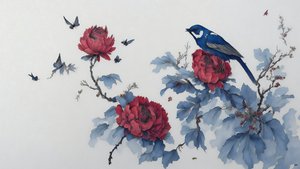 水墨画：蓝色的牡丹_01