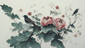 水墨画：绿色的牡丹_01