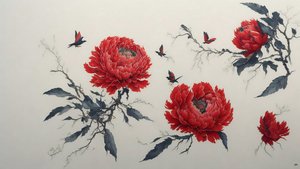 水墨画：红牡丹_01