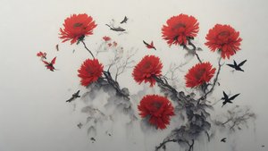 水墨画：菊花红_01