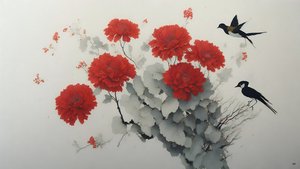 水墨画：红菊花_02