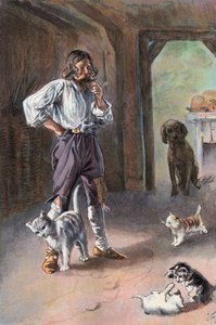 鲁滨逊漂流记》：我的猫带回来三只小猫（彩色石版画）