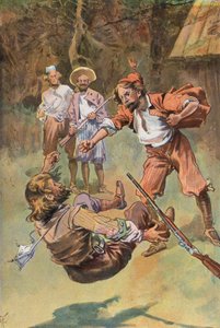 鲁滨逊漂流记》：西班牙人一拳将他击倒（彩色石版画）
