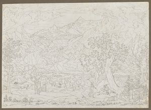格林德瓦冰川与猎人和农民女孩在前景中，ca。 1823。 作者 约瑟夫·安东·科赫
