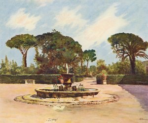 罗马：美第奇别墅，游泳池和花园（彩色石版画）