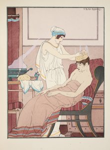 一个浸泡在热水中的海绵被涂在头上，插图来自1934年的“希波克拉底的作品” 作者 约瑟夫·库恩·雷尼尔