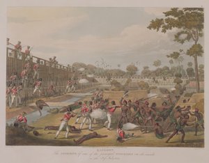 仰光：1824年7月8日的一个主要寨子的风暴，1815年由乔治·亨特雕刻的“仰光景观”中的第15块（aquatint）