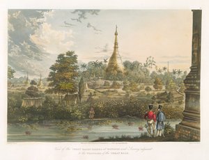 从西方仰光的大D塔宝塔的视图，由Henry Pyall（1795-1833）1825-26刻
