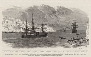 HMS Sultan在Temeraire的陪同下离开马耳他前往朴茨茅斯 作者 Joseph Nash