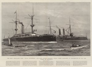 星期四由女王女王在朴茨茅斯推出的New Ironclads，HMS Royal Sovereign和HMS Royal Arthur