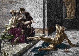 罗马投毒者洛克斯在尼禄皇帝（37-68 年）身边向他的一个奴隶投放毒药的场景，55 根据约瑟夫-诺埃尔-西尔维斯特尔（1847-1926 年）1876 年的一幅画雕刻而成（罗马投毒者洛克斯 作者 约瑟夫·诺埃尔（仿）西尔维斯特