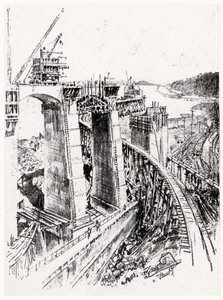 1912年约瑟夫·彭奈尔（Joseph Pennell）从巴拿马运河（Panama Canal）获得的Gatun Lock六板（木炭纸） 作者 约瑟夫·彭内尔