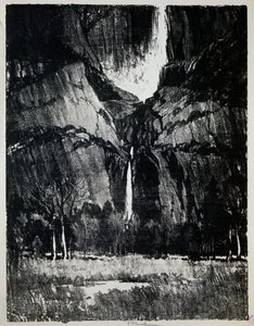 在瀑布脚下，由Joseph Pennell (1857-1926)，雕刻。 作者 约瑟夫·彭内尔
