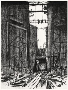 在Gatun Lock的底部，由Joseph Pennell于1912年在巴拿马运河的第四块板块（纸上的木炭） 作者 约瑟夫·彭内尔