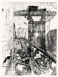 米拉弗洛雷斯锁的起重机，1912年约瑟夫·彭奈尔（Joseph Pennell）在巴拿马运河的第二十二号板上（纸上的木炭）