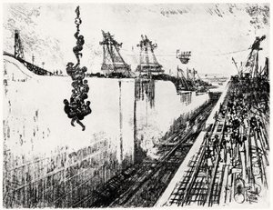 1912年，约瑟夫·彭内尔在加拿大的巴拿马运河三号板上的晚餐时间（木炭纸上） 作者 约瑟夫·彭内尔