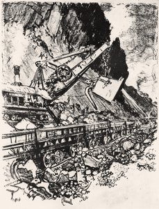 蒸汽铲工作：Culebra Cut，1912年Joseph Pennell在巴拿马运河上制作的XIV板（木炭纸上） 作者 约瑟夫·彭内尔