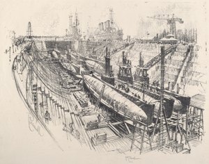 干船坞中的潜艇，1917年。 作者 约瑟夫·彭内尔