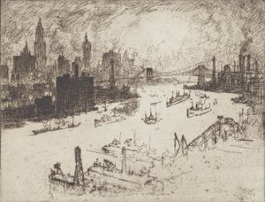 日落，从威廉斯堡桥上看，1915年。 作者 约瑟夫·彭内尔
