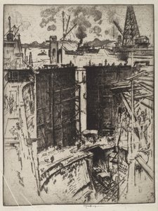 护卫门，Gatun Lock，巴拿马，1912年（纸上蚀刻） 作者 约瑟夫·彭内尔