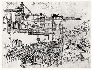 米拉弗洛雷斯的墙壁，1912年约瑟夫·彭内尔（Joseph Pennell）在巴拿马运河的第二十三号板块（纸上的木炭） 作者 约瑟夫·彭内尔