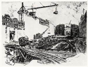 Pedron Miguel的墙壁，1912年由Joseph Pennell在巴拿马运河的XX板块（纸上的木炭）