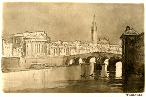 图卢兹，加龙河。根据约瑟夫-彭内尔（Joseph Pennell，1857-1926 年）的一幅水彩画绘制的版画，为亨利-詹姆斯的著作《法国小游》绘制插图，海涅曼 1900 年版（法文书名："Voyage en France "和 "Un petit tour en Languedoc"）。 作者 约瑟夫·彭内尔