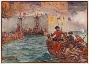 爱德华-弗农海军上将在詹金斯之耳战争期间率军进攻（彩色石版画）