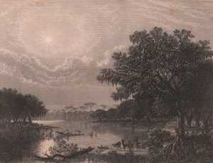 美国路易斯安那州河口，罗伯特-欣舍伍德（1812-1875 年后）根据约瑟夫-鲁斯林-米克尔（1827-1889 年）的画作所作的钢板雕刻，约 16x18 厘米