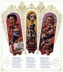 漫画：日本明治天皇； 莫里斯·巴雷斯，法国作家和民族主义政治家； Jean Jaures，法国政治家（彩色石版画）