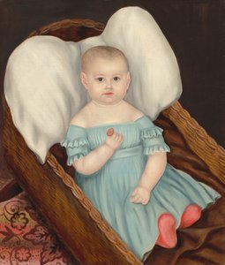 柳条篮子里的婴儿，约1840年。