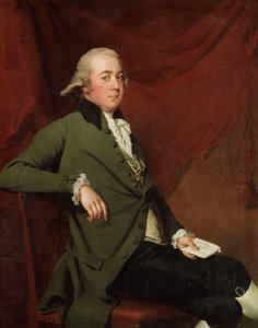 爱德华·阿布尼（Edward Abney）的肖像，坐在绿色外套上，坐了四分之三长，1780年代后期，拿着一封信反对红色帷幕 作者 德比的约瑟夫·赖特