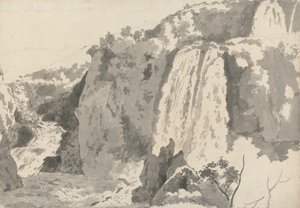 岩石景观与瀑布 作者 德比的约瑟夫·赖特
