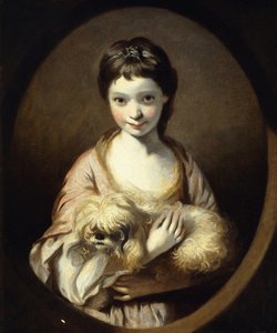 艾米莉亚·范西塔特（Emilia Vansittart）的肖像，半身，穿着粉红色和白色的裙子，抱着一只狗，约1767-68年 作者 约书亚·雷诺兹（Joshua Reynolds）