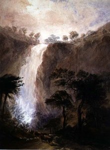 瀑布之景，约1820年（纸上水彩加阿拉伯胶）。 作者 约书亚·沃利斯（Joshua Wallis）