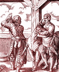 屠夫 - 中世纪的食物和烹饪。 约斯特·安曼（Jost Amman，1539-1591 年）雕刻。 雕刻 1878 作者 约斯特（后）安曼
