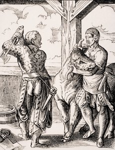 《屠夫和他的助手》，约斯特·安曼 (Jost Amman，1539-91 年) 的 16 世纪版画复制品，摘自保罗·拉克鲁瓦 (Paul Lacroix，1806-84 年) 的《Le Moyen Age et La Renaissance》，1847 年出版（平版印刷） 作者 约斯特（后）安曼