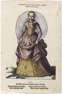身着威尼斯服饰的贵族妇女
Foemina ex praecipua nobilitate in urbe Veneta / Ein Weib ausz dem fürnembsten Adel zu Venedig（物品上的标题）
Habitus praecipuorum populorum (...) （系列标题） 作者 约斯特安曼