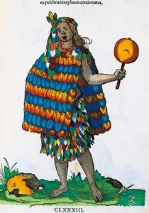美国印第安人，汉斯-魏格尔-艾尔德（活跃于1549-1577年）根据约斯特-安曼（1539-1591年）的画作雕刻的，出自Habitus praecipuorum populorum tam virorum quam foeminarum singulari artte depicti，纽伦堡