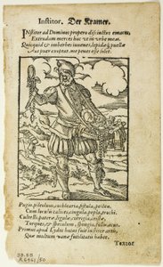Der Kramer（小贩），选自哈特曼-肖普尔的《De omnibus illiberalibus sive mechanicis artibus》，图版 50，选自《XVI 世纪书籍木刻》，第 17 页。 作者 约斯特安曼